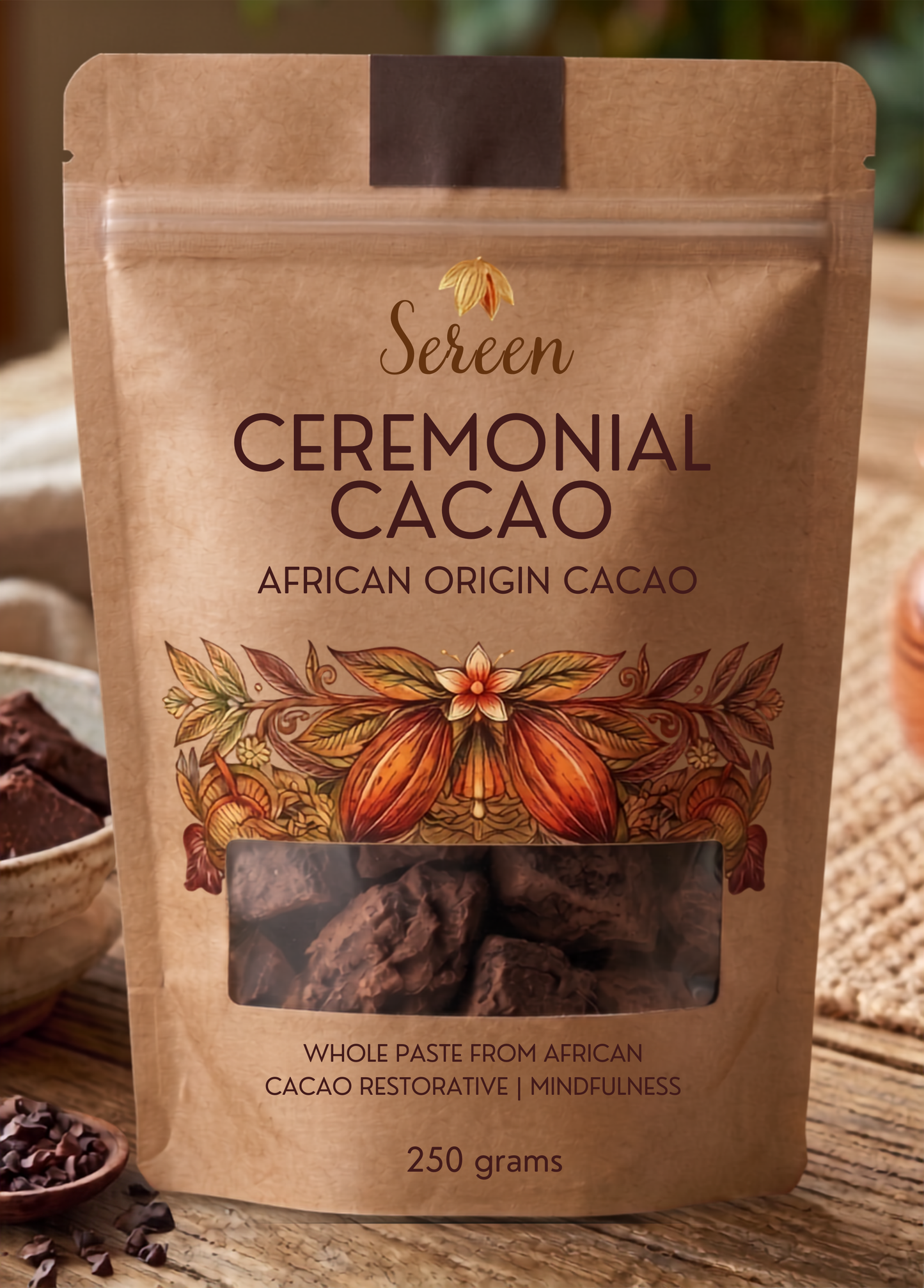 Sereen Ceremonial Cacao 250 g resealable pouch — African-origin whole cacao paste