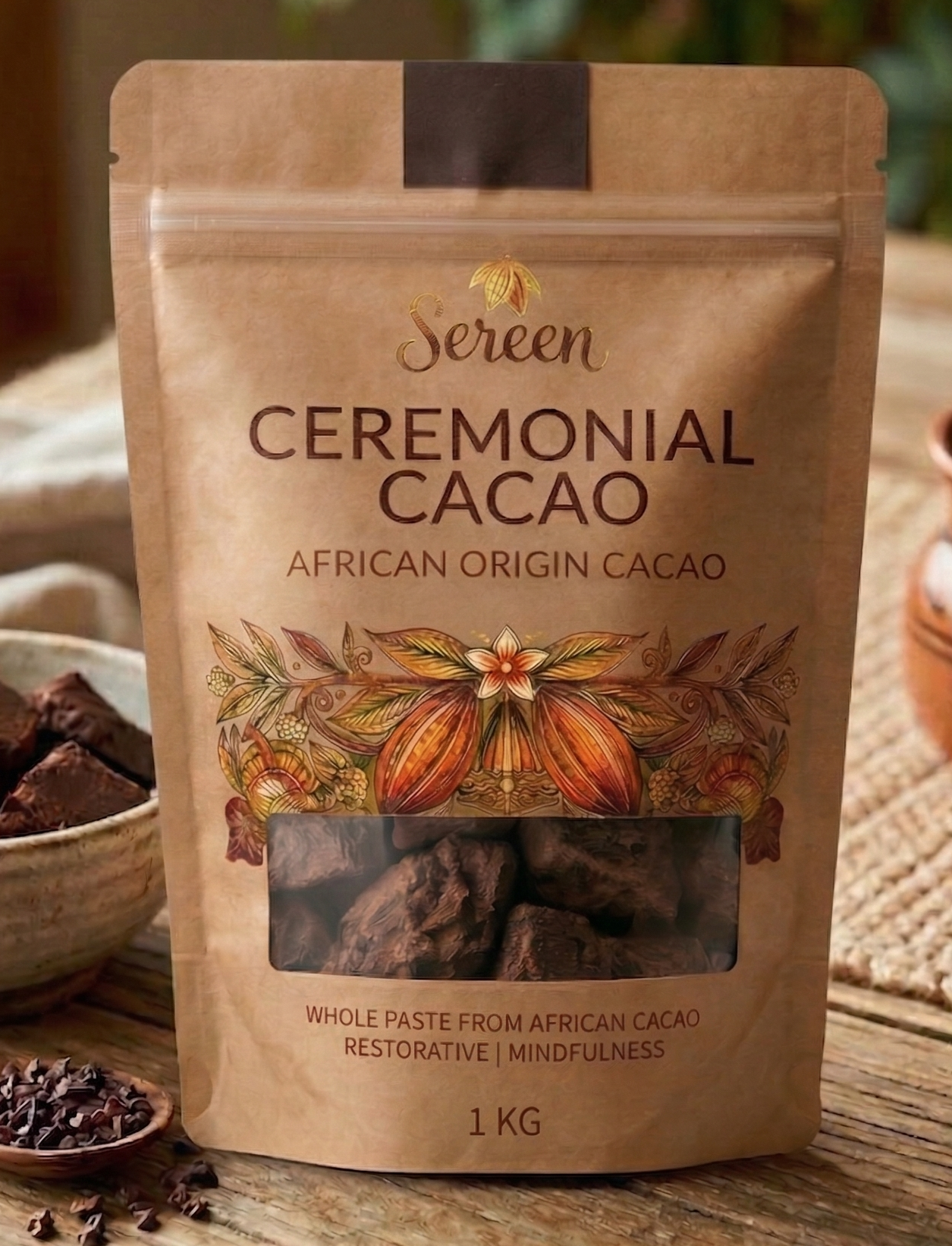 Sereen Ceremonial Cacao 1 KG resealable pouch — African-origin whole cacao paste